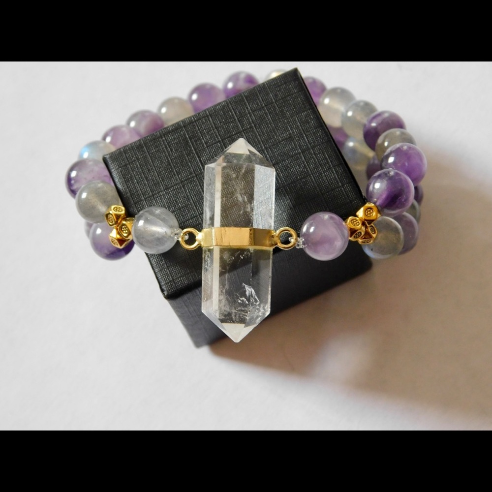 Double Strand Crystal Pendant Gold Crystal Bead Bracelet Amethyst Labradorite